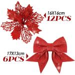 12 stuks glitter kerstster bloemen met 6 stuks glitter kerststrikken decoratie kerstboomversiering kerstdecoratie voor kerstboom Nieuwjaar decoraties