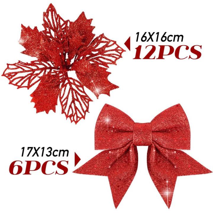 12 stuks glitter kerstster bloemen met 6 stuks glitter kerststrikken decoratie kerstboomversiering kerstdecoratie voor kerstboom Nieuwjaar decoraties