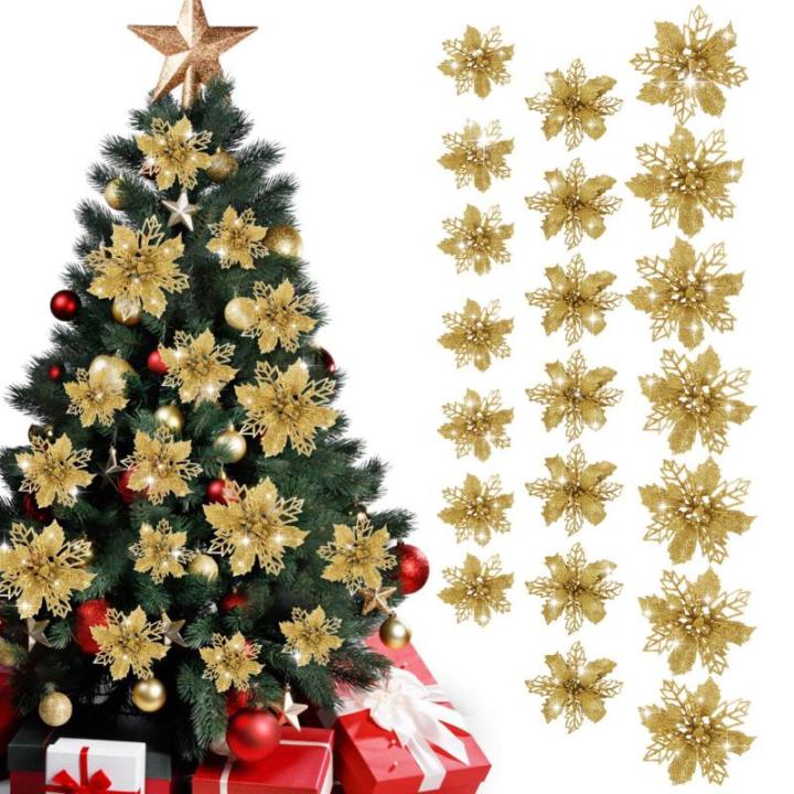 21 stuks kerstbloemen kerstboomversiering bloem kunstbloem glitter kerstboomversiering gouden Kerstmis