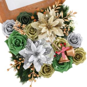 Kunstkerstbloemen, mix van zijden bloemen, kunstrozen met stelen voor zelfgemaakte bruiloft, bruidsboeketten, tafeldecoratie, woondecoratie.
