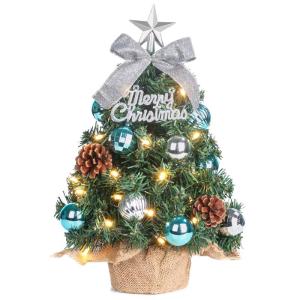 Mini-kerstboom Kleine kerstboom met verlichting, led, tafelkerstboom, klein, kunstmatig versierd, voor kerstdecoratie, 40 cm (blauw met zilver)