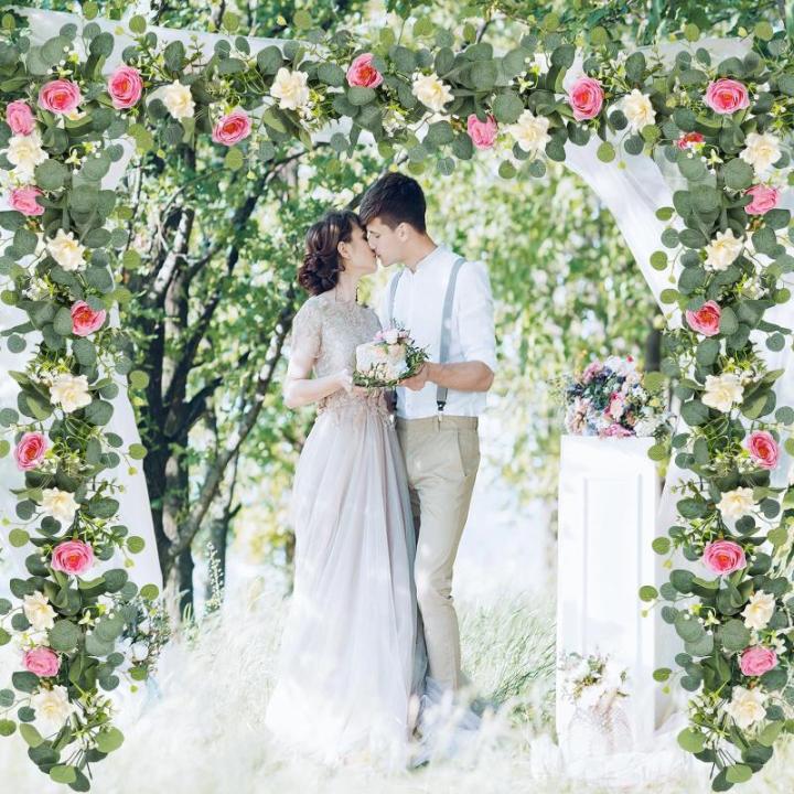Künstliche Eukalyptus-Blumengirlande mit weiß-rosa Rosen, künstliche Pflanzen, Seide, Blumen, grüne Girlande, Kunstschleierkraut, Efeu-Ranken für Hochzeitsdekoration, Zuhause,