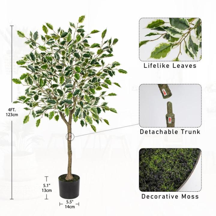 Benjamini Ficus, , grote kunstboom, kamerplant, decoratie met afneembare echte houten stam, voor kantoor, decoratie, slaapkamer, eetkamer, binnen, buiten, groen/wit, 120 cm