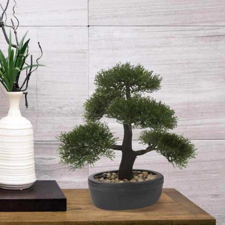 Kunstbonsai Natuurgetrouwe kunstplant, kunstboom, bonsai, ceder, grenen, podocarpus, plastic plant, kunstplant met keramische pot in zwart, voor badkamerdecoratie, desktop, kantoor