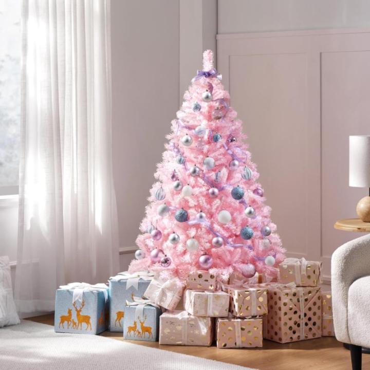 Kunstkerstboom, 154 cm, roze, dennenboom met 398 takken, opvouwbare metalen standaard, herbruikbare kerstboom, kunstboom voor kerstdecoratie
