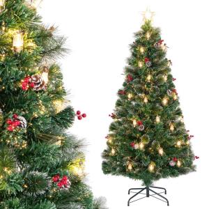 Künstlicher Weihnachtsbaum aus PVC, Weihnachtsbaum mit 8 Beleuchtungsmodi, LED-Lichtern, Zweigspitzen, Kiefernnadeln, Tannenzapfen, roten Beeren und Lampen (45 x 180 cm (Durchmess