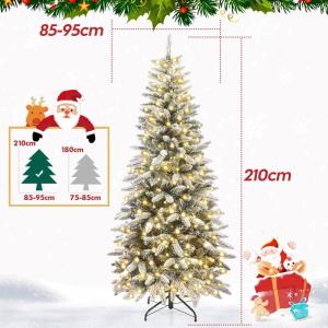 Dunne kunstkerstboom met verlichting, led-dennenboom voor kerstdecoratie, besneeuwd, smal, wit, 210 cm