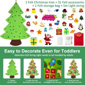 Vilten kerstboom voor kinderen, 3.3FT DIY muur opknoping kerstboom set, kinderen vilt kerstboom met 31 ornamenten en 5 m licht touw, ideaal voor thuis deur raam decoratie