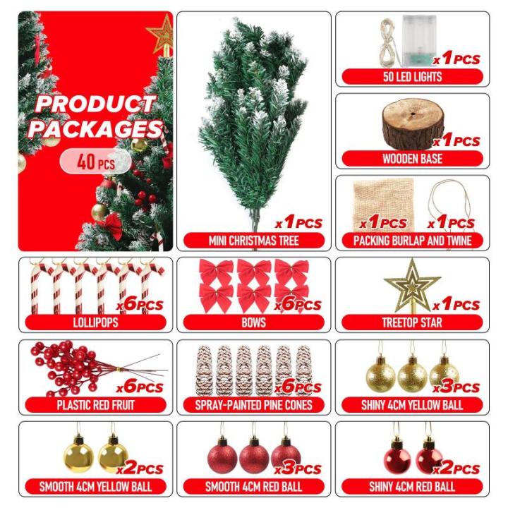 Mini kerstboom van 60 cm met 50 led-lichtslingers, doe-het-zelf kunstkerstboom met ster en rode strikken, dennenappels en rode bessen, decoratie voor Kerstmis, thuis, keuken, eetta