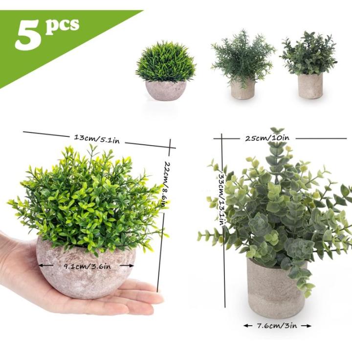 Set van 5 mini- in pot, nep, kleine eucalyptus, rozemarijn, groen, kunststof, kunstgroen, grasplanten, decoratieve nepplant voor huis, kantoor, balkon, bureau, badkamerdecoratie