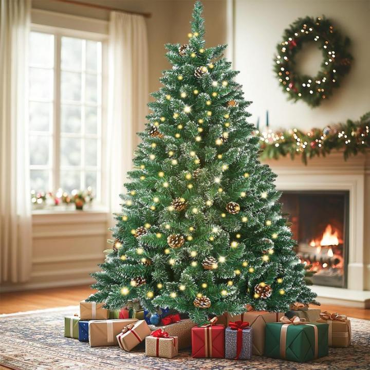Kerstboom met verlichting, wintermagie serie, kunstkerstboom met kunstsneeuwcoating, 180 leds, 20 dennenappels, 367 takken en metalen standaard, van pvc, hoogte 150 cm
