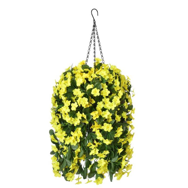 Opknoping mand, nep opknoping plant, zijden orchidee bloemen, faux bloem arrangement voor buiten tuin tuin zakje patio indoor woondecoratie (geel)