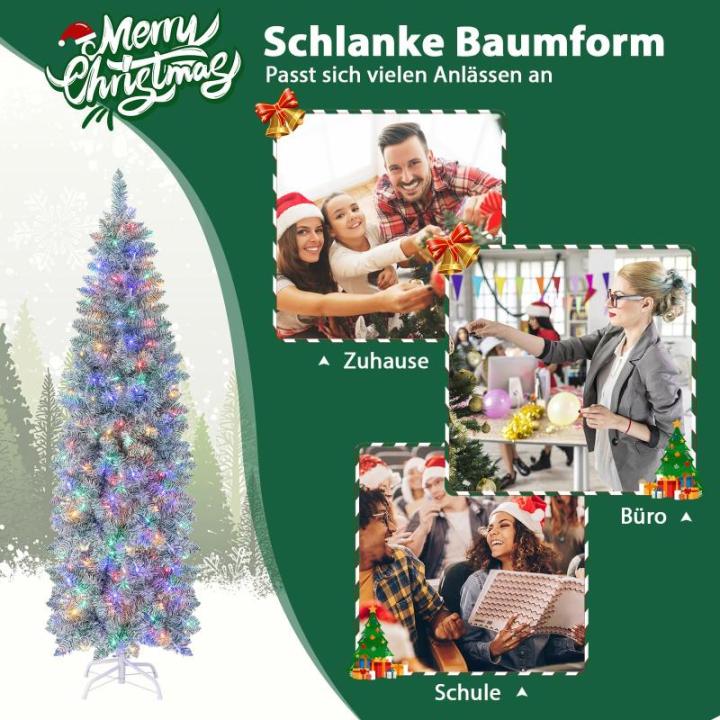Kunstkerstboom, 180 cm, dennenboom met ledverlichting, slanke kerstboom met veelkleurige lichten, kunstboom met metalen standaard, voor Kerstmis, groen + wit