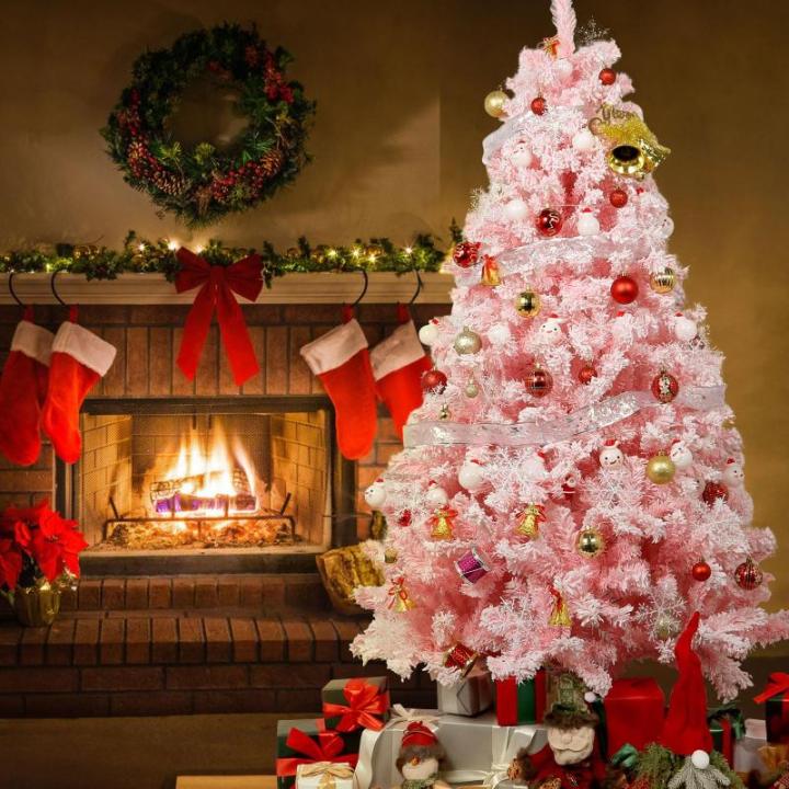 210 cm kerstboom bevlokt roze met volle vlokken decoratie met sneeuwvlokken, 1200 takpunten dennenbladeren van pvc en stabiele basis, kerstboom voor kerstdecoraties