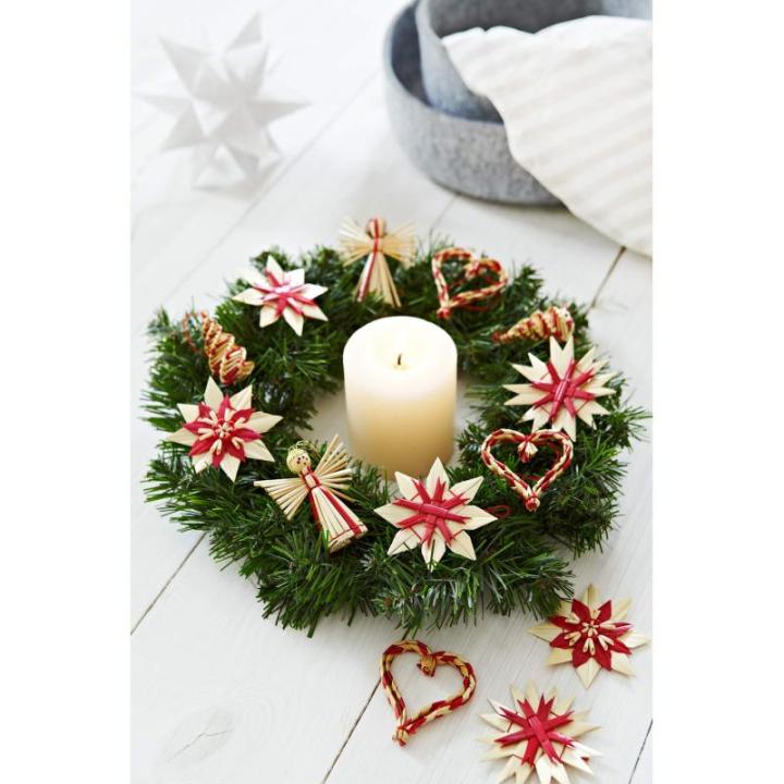 Kerstboomversiering van stro - stro boomdecoratie met rode accenten - 25-delige set - kerstboomhanger van natuurlijk materiaal, 6 cm