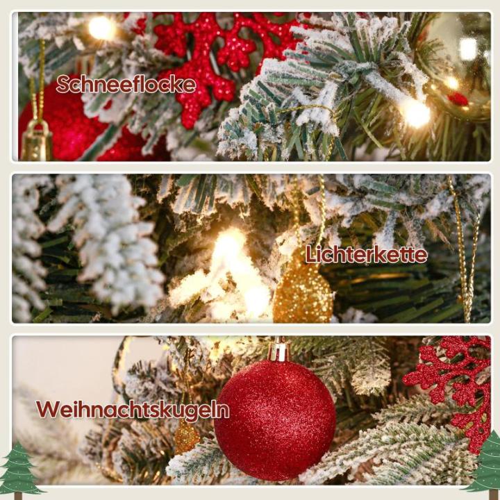 Kunstkerstboom met verlichting met sneeuw en stuk, kerstballen, kerstdecoratieset, metalen standaard, 180 cm, goud-rood