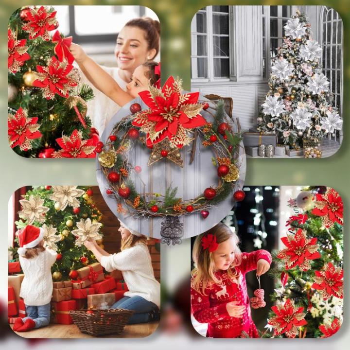 12 stuks kerstster glitter kerstster goud rood kunstbloemen decoratie, kerstster kunstbloemen met clips + voorbouwstukken, kerstbloemen voor Kerstmis, bruiloft, tuin, Nieuwjaar