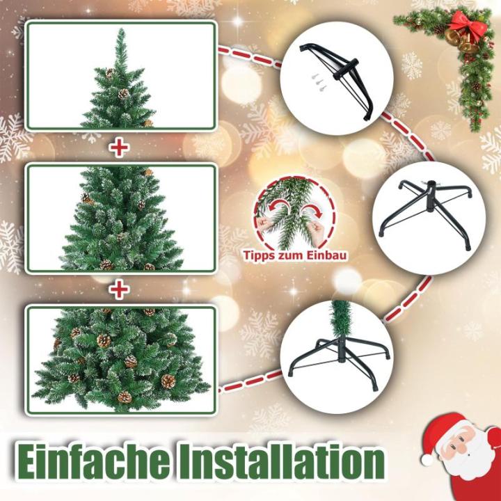 Kunstkerstboom, 210 cm, pvc, met sneeuweffect, dennenappels, kerstboom met snel op te bouwen, klapsysteem, brandvertragende kunstdennenboom met metalen standaard