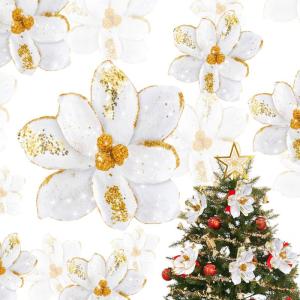 Künstliche Weihnachtssterne mit Glitzer, Samt, Magnolie, Blume, künstliche Weihnachtssterne, dekorative Blume für Weihnachtsbaumdekoration (weiß, gold), 16 Stück