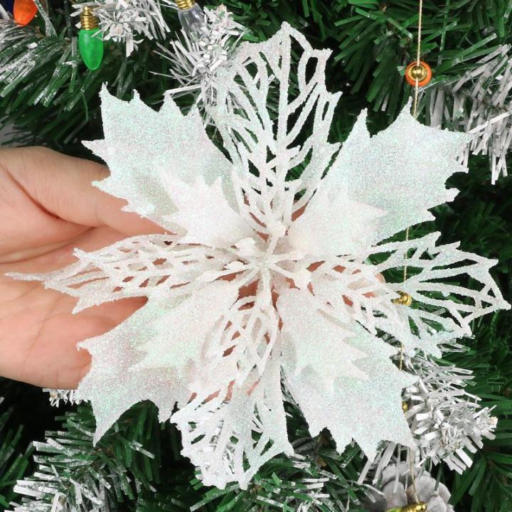 12 stuks glitter kerstster bloemen met 6 stuks glitter kerststrikken decoratie kerstboomversiering kerstdecoratie voor kerstboom Nieuwjaar decoraties