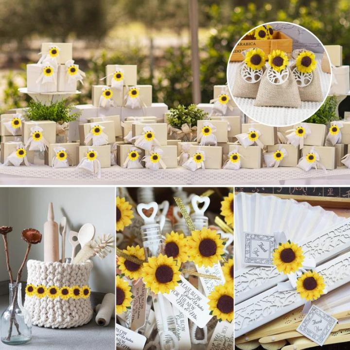 100 stuks kunstzonnebloemen, 3,5 cm, met 90 stickers, decoratieve bloemen, klein met metaaldraad, met steel, feest, bruiloft, doe-het-zelf, plakboek, kaarten, decoratie, lichtgeel
