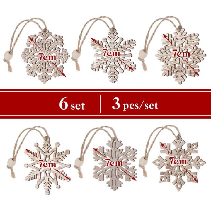 Homewit Houten hanger sneeuwvlokken boomversiering, 18 stuks kerst houten kerst hangende ornamenten kerstboomversiering met jute touw voor kerstboom - 7 cm