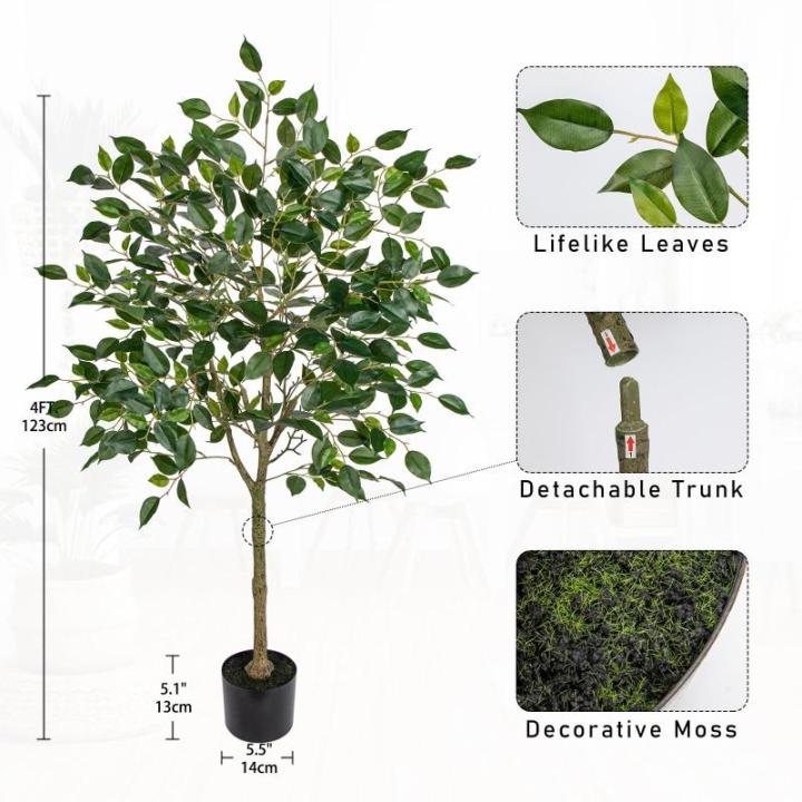 Benjamini Ficus, , grote kunstboom, kamerplant, decoratie met afneembare echte houten stam, voor kantoor, decoratie, slaapkamer, eetkamer, binnen, buiten, groen, 120 cm
