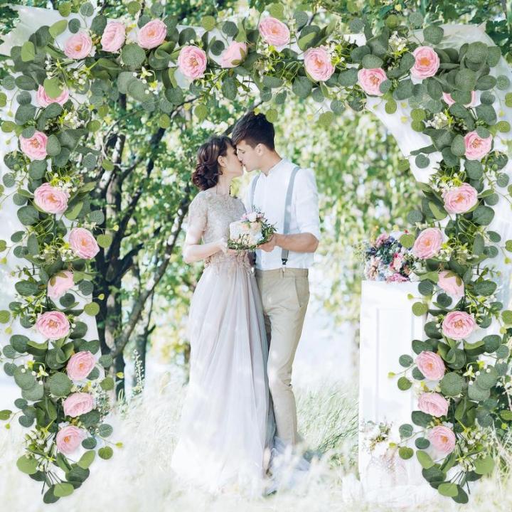 Künstliche Eukalyptus-Blumengirlande mit rosa Rosen, künstliche Pflanzen, Seide, Blumen, grüne Girlande, Kunstschleierkraut, Efeu-Ranken für Hochzeit, Dekoration, Zuhause, Weih