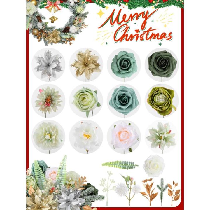 Kunstkerststerren, zijden bloemen, kunstrozen met stelen voor bruiloft, bruidsboeketten, tafeldecoratie, kerstdecoratie (goud, zilver en lichtgroen)