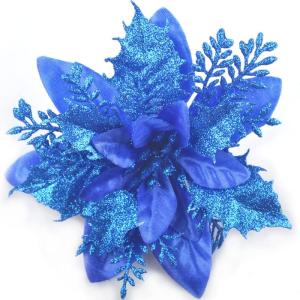 GL-Turelfies 12 STK. Glitzer Weihnachtsblumen (15cm/5,9'') mit 12 STK. Clips Künstliche Weihnachtsstern Blumen Weihnachtsbaum Blumenschmuck Weihnachtsbaum Ornamente (Blau)