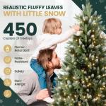 Kunstkerstboom met sneeuweffect, dennenappels, verlichting, 150 cm, automatische dennenboom, kunstkerstboom van pvc en PE, met houten standaard, Nordmann-spar, moeilijk ontvlambare