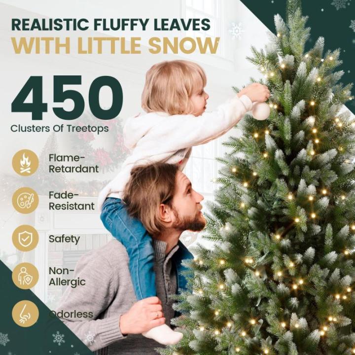 Kunstkerstboom met sneeuweffect, dennenappels, verlichting, 150 cm, automatische dennenboom, kunstkerstboom van pvc en PE, met houten standaard, Nordmann-spar, moeilijk ontvlambare