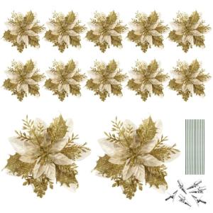 12 kerststerren kerstdecoraties kerstboom bloemen decoraties met clips en stelen kunstmatige kerststerren voor kerstkrans feestdecoraties