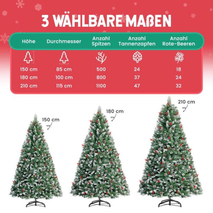 arivoo Binja Opvouwbare kerstboom, versierd met 800 takken, 37 dennenappels, 24 bessen en standaard, buigbare pvc-punten met sneeuwvlokken, moeilijk ontvlambaar (H180 cm)