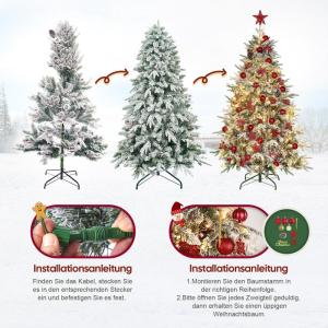 Kunstkerstboom met verlichting met sneeuw en stuk, kerstballen, kerstdecoratieset, metalen standaard, 210 cm, goud-rood