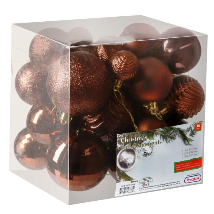 bruine kerstbalornamenten voor kerstversiering - 36 stuks kerstboom onbreekbare ornamenten met ophanglus voor vakantie- en feestdecoratie (combo van 6 stijlen in 3 maten)