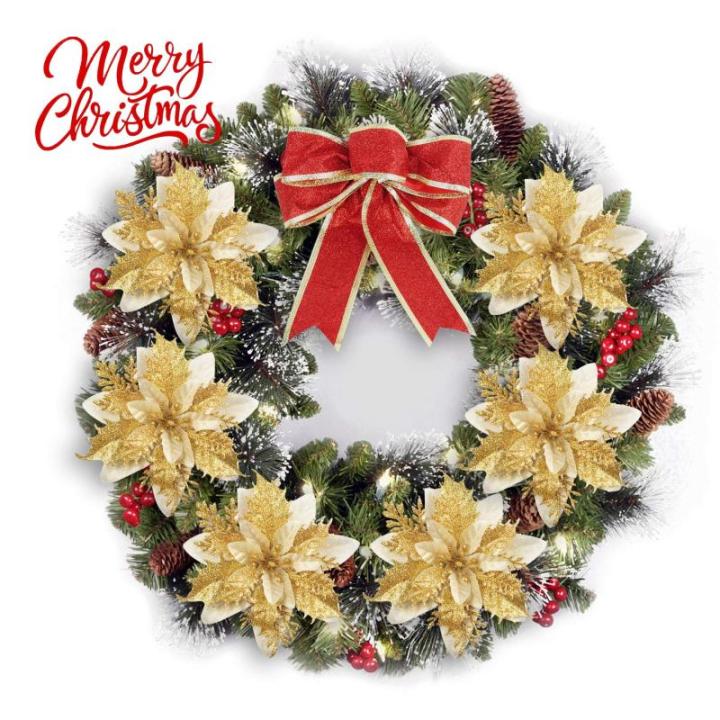 GL-Turelfies 12 STK. Glitzer Weihnachtsblumen (15cm/5,9'') mit 12 STK. Clips Künstliche Weihnachtsstern Blumen Weihnachtsbaum Blumenschmuck Weihnachtsbaum Ornamente (Gold)