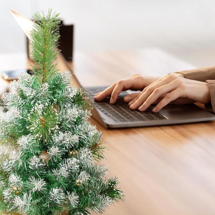 60 cm kunstkerstboom met sneeuwvlokkendecoratie, 2 soorten dennenbladeren, 65 punten, linnen katoen en cementbasis voor kerstdecoraties