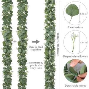 Kunstmatige eucalyptus slingers met witte bloemen, 2 stuks, versleuteld groen, hangende slingers, eucalyptusplant, slingers voor bruiloftsboog, tafeldecoratie (groen en wit, 2 stuk