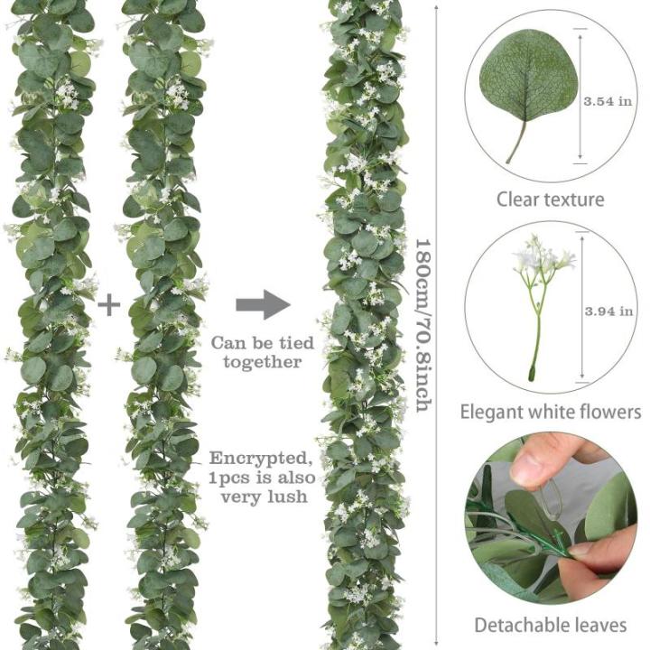 Kunstmatige eucalyptus slingers met witte bloemen, 2 stuks, versleuteld groen, hangende slingers, eucalyptusplant, slingers voor bruiloftsboog, tafeldecoratie (groen en wit, 2 stuk