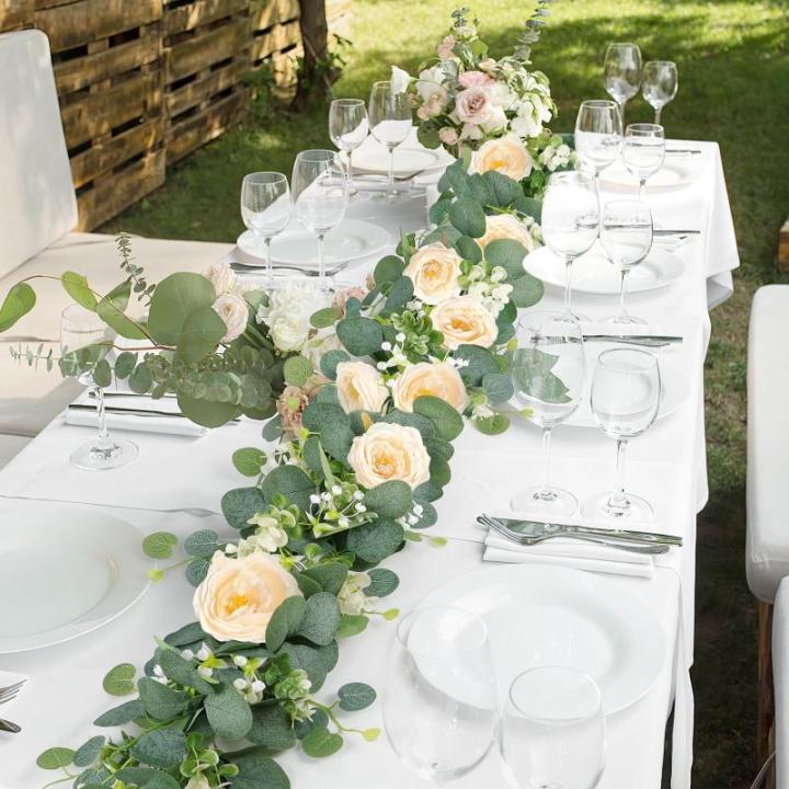 Künstliche Eukalyptus-Blumengirlande mit Champagnerrose, Seidenblumen, Grün, Girlande, Kunstschleierkraut, Efeu, für Hochzeit, Zuhause, Weihnachten, Party, Tischläufer, Dekorat