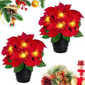 Künstliche Weihnachtssterne, rote Samt, 30,5 cm, Weihnachtssterne im Topf, LED-beleuchtete Kunstseide, Topfblumen-Arrangement, Weihnachtsdekoration für Zuhause, Innen- und Außen