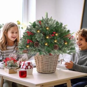 Weihnachts-Blumentopffüllung für den Außenbereich, künstlicher Weihnachtsbaumfüller, 40,6 cm (16 Zoll), vorbeleuchteter Weihnachtsbaum mit Ständer, 50 LED-, beleuchteter Blum