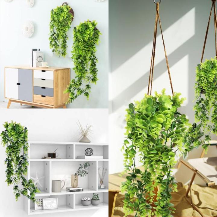 Kunstmatige eucalyptus klimop, 2 stuks, groene plastic planten wijnstok voor thuis, kantoor, tuin, bruiloft, feest, binnen- en buitenwanddecoratie