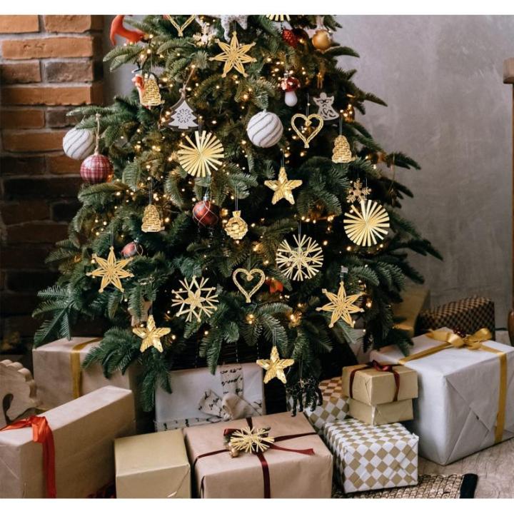 Strohsterne Christbaumschmuck 46-teiliges,Weihnachtsbaumschmuck Stroh mit Natürlichen Akzenten,Handgemacht Weihnachtsbaum Deko aus Stroh mit Schöner Box,Dekoration für Weihnacht