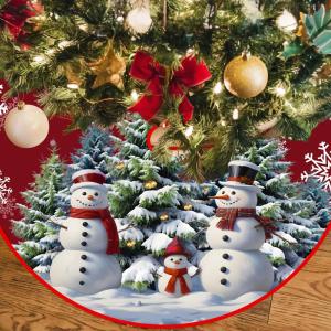 Kerstboomdeken, kerstdecoratie, 120 cm, donkerrood, kerstboomrok, ronde kerstboomdeken met sneeuwpop, polyester dennenboomdeken, sneeuwlandschap, kerstboomdeken voor kerstfeest