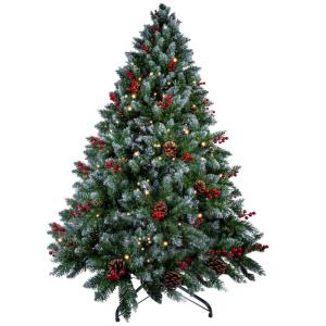 Kerstboom van 1,8 m met verlichting, dennenappels en bessen, PVC kunstkerstboom met sneeuw stroomde tips, kerstdecoratie kerst voor binnen en buiten