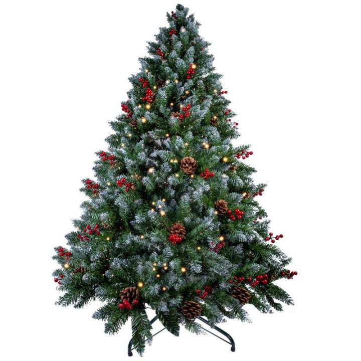 Kerstboom van 1,8 m met verlichting, dennenappels en bessen, PVC kunstkerstboom met sneeuw stroomde tips, kerstdecoratie kerst voor binnen en buiten