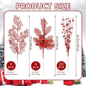 28 stuks kerst glitter bloemen bessen stelen kunstmatige kersttakken kerstboomversiering kunsttakken kerstboom plukken voor doe-het-zelf vakantie handwerk krans thuis decoratie (ro
