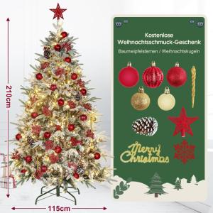 Kunstkerstboom met verlichting met sneeuw en stuk, kerstballen, kerstdecoratieset, metalen standaard, 180 cm, goud-rood